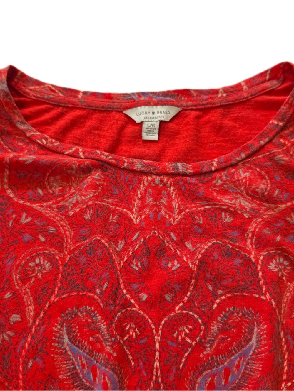 Lucky Brand Shirt Womens L Red Paisley Jersey Ruched Relaxed Fit Summer - Picture 5 of 6